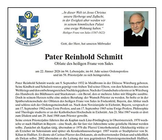Trauergottesdienst für Pater Reinhold Schmitt in Hassfurt am 19.02.26 um 18:30 Uhr in der Pfarrkirche